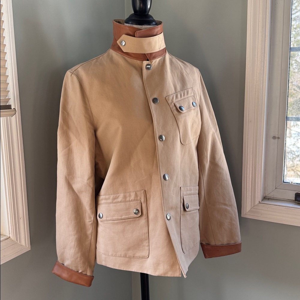 Ralph Lauren chino cotton leather trim Safari trench jacket EUC size Large